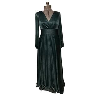 Emerald Green Sparkle Long Sleeve Maxi Gown V-Neck Pleated Waist Formal Dress M